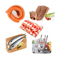 Combo 20: 500gr bao tử cá ngừ + 500gr ba chỉ bò Mỹ cuộn + 1kg cá saba Nhật + 1kg tôm thẻ lột vỏ còn đuôi + 300gr Lườn cá hồi Nauy 5+