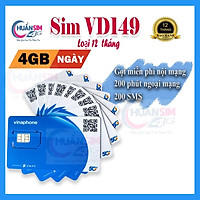 Sim VD149 1 năm VinaPhone 4G - 1440GB - Miễn phí cuộc gọi - tin nhắn- Hàng Chính Hãng