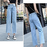 Quần jean nữ ống rộng lưng cao dáng lửng ngắn phong cách Hàn Quốc CHERRY, quần bò nữ ống đứng lửng bigsize cạp cao T038