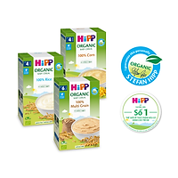 Combo 3 bột ăn dặm không chứa sữa HiPP Organic Baby Cereal 100% hữu cơ cho trẻ từ 4 tháng tuổi: Bột gạo nhũ nhi, Bột ngũ cốc tổng hợp, Bột ngũ cốc bắp non (3 hộp x 200g)