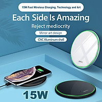 QI Wireless Charger for Apple Android 15W Fast Charging Technology Aluminum Alloy Mirror-like Shiny Ultra-thin Protable