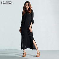 ZANZEA Plus Size Fashion Long Sleeve Vestidos Spring Autumn Women Split Sexy Casual Dress O Neck Linen Solid Long Maxi Dress
