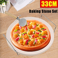 Pizza Baking Stone Set 33CM High Temperature Resistant Chrome Stand With Cutter Stone Suitable For Baking Breads Pizzas Biscuits
