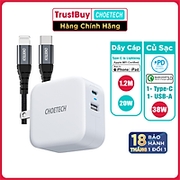 Bộ Củ Sạc CHOETECH QC 3.0 & PD 3.0 38W PD5002-W + Cáp Type C To Lightning MFI Apple 1.2M IP0039 Sạc Nhanh iPhone - Hàng Chính Hãng