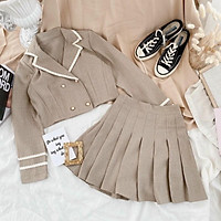 SET CROP VEST NUDE VIỀN TAY DÀI + C.V XẾP Ly