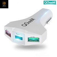 Củ sạc ô tô QGeeM USB C chuẩn Qualcoom QC 3.0 ba cổng sạc các thiết bị Type C - Hàng chính hãng