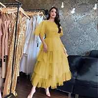 QUẢNG CHÂU Đầm dự tiệc xếp tầng tay lưới THE BLUE DRESS - size M/L (kèm ảnh/video thật) MS64V bigsize c