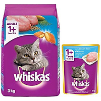 Combo thức ăn cho mèo lớn Whiskas dạng hạt vị cá biển 3kg + Pate mèo lớn vị cá biển 85g