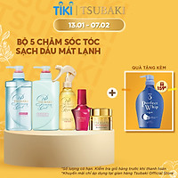 Bộ 5 Tsubaki mát lạnh sạch dầu và chăm sóc tóc chuẩn salon (Gội Xả 490ml/chai + Xịt dưỡng tóc 220ml + Mặt nạ tóc 180g + Dầu dưỡng 50ml)