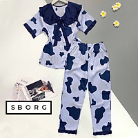 Đồ bộ mặc nhà SBORG bộ ngủ nữ pijama lụa latin cao cấp mềm mịn họa tiết bò sữa trendy áo cổ bèo cute quần dài có túi sâu đáng yêu freesize dưới 56kg quà tặng Vợ, thoải mái mặc ở nhà hoặc đi ra ngoài