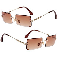 2x Vintage Rectangle Cut Rimless Sunglasses Designer Tinted Lens Eyewear Coffee