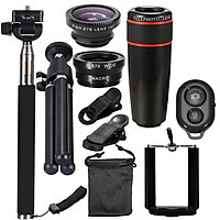 10PCS 8X Telephoto Mobile Phone Lens Universal Detachable Clip-on Lens Wide Angle + Fish Eye + Macro Lens + Selfie Stick