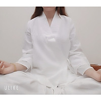 Trang phục đi lễ chùa, tập thiền & yoga nữ cổ chéo Thiền Chay 2 lớp màu trắng ngọc