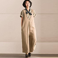 ZANZEA Female Autumn Sleeveless V Neck Pullover Bandage Strappy Dungaree Leisure Casual Solid Wide Leg Pants Pockets Suspenders Trouser Beige