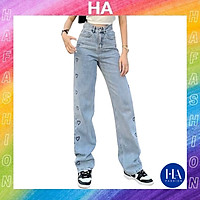 Quần Jean Nữ Ống Rộng H&A Fashion Lưng Cao Màu Xanh Nhạt In Trái Tim TBQBB3336
