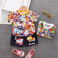 【COD】 2 Pcs Boys T-shirt Cropped Pants Set Cotton Cartoon Animal Print Contrast Color Round Neck Short Sleeve Pullover Top Shorts
