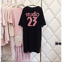 váy thun suông dáng dài cộc tay in chữ studio 23 phom rộng cá tính