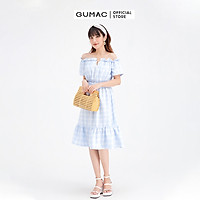 Đầm dáng rộng trễ vai caro GUMAC DB691