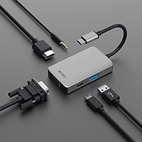 Hub chia cổng Type-C đa năng 5 in 1 ra 1 cổng sạc nhanh Type-C PD 3.0, 1 cổng USB 3.0, AUX 3.5mm, cổng HDMI chuẩn 4k, VGA 1080P hiệu Wiwu A513HVP cho Macbook / iPad Pro cổng Type C / Laptop Type-C thulderbolt 3 - hàng nhập khẩu