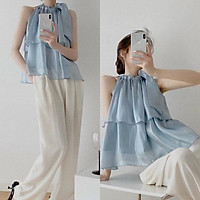 .Set áo kiểu yếm nơ vai tầng màu xanh kèm quần suông dài trắng, thời trang hot girl lịch sự thanh lịch đi chơi dạo phố M