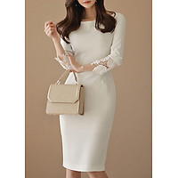 Váy trắng cổ thuyền 3/4 tay váy midi