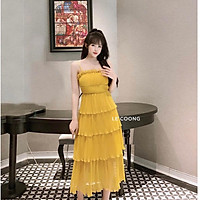 Đầm nữ, váy maxi hai dây xếp li 3 ba tầng màu vàng phù hợp đi biển/đi tiệc có mút_LeCoong V103