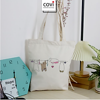 Túi tote đeo vai đeo chéo, túi vải canvas,vải bố Hàn Quốc có khóa kéo quai vuông, tròn thời trang COVI màu mộc T28