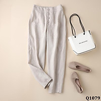 quần baggy nữ lưng chun 4 khuy 2 túi trước chất đũi