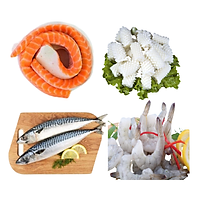 Combo 28: 1 kg Lườn cá hồi Nauy 5 + 1 kg Mực cắt hoa + 1kg Cá saba Nhật + 1kg Tôm thẻ lột vỏ còn đuôi