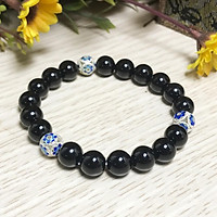 Vòng Tay Cho Mệnh Thủy ( Mộc ) - Vòng Tay Nữ Mã Não Đen 8mm Mix 3 Charm Cầu Hoa Văn V342-8
