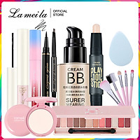 Bộ trang điểm 10 món Lameila Kem BB+Phấn Nền Kiềm Dầu +Phấn mắt+Chì kẻ mày+kẻ mắt+Mascara+bút tạo khối 2 đầu+Son kem lì+Bộ cọ trang điểm+Mút trang điểm makeup set