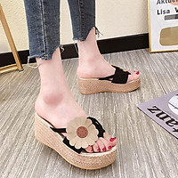 Dép đế xuồng nữ quai ngang kẹp phối quai ngang đính hoa thời trang - Dép đế xuồng nữ cao 6.5cm - LN230