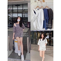 Áo phông cut out hở vai rút ngực/Áo thun rút dây form oversize