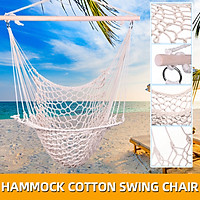 Hammock Cotton Swing Camping Hanging Rope Chair Wooden Beige White Outdoor Patio