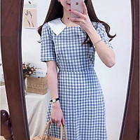 X2 Đầm công sở cổ bẻ phối trắng váy caro xanh trắng (kèm hình thật) tasa