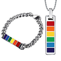 Steel Lesbian Gay Pride Rainbow Pendant Necklace Bracelet Jewelry Set LGBT