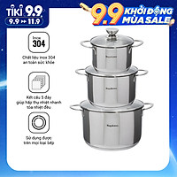 Bộ 3 Nồi Inox 304 Đáy Từ 5 Đáy Nagakawa NAG1351 (16cm, 20cm, 24cm) - Hàng Chính Hãng