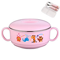 Bát ăn bột, mì, cháo hoạt hình Lõi bằng INOX giữ nhiệt có nắp đậy và quai cầm (Kèm Thìa + Nĩa)