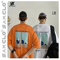 Áo thun tay lỡ nữ SAM CLO freesize phông form rộng dáng Unisex, mặc lớp, nhóm, cặp in chữ PANDA SUPPORT hình GẤU