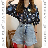 Áo SƠ MI NỮ form rộng in 3D cổ bẻ tay ngắn - lỡ dáng ulzzang freesize unisex mặc cặp, nhóm, hình VŨ TRỤ HÀNH TINH