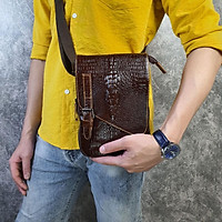 Túi đeo chéo da bò vân cá sấu TD112 (Nâu sẫm) - 100% da bò thật