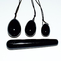 4Pcs/Set 3x Natural Black Obsidian Yoni Egg For Kegel Exercise + 1x 100mm Massage Stick Black