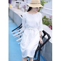 Đầm suông tay lỡ màu trắng đai rời LAHstore, chất thô đũi mềm mát, thời trang phong cách Hàn Quốc