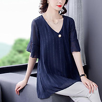 Women T-shirt Chiffon Shirt V-neck Flare Sleeve Plus Size Relaxed-fit Shirt