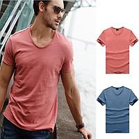 Men Summer V-neck Solid Color Slim Short Sleeve Thin T-shirt