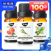 Tinh Dầu Xông Phòng Sả Chanh Kobi (10ml) + Tinh Dầu Bưởi Hồng Kobi (10ml) + Tinh Dầu Bạc Hà Kobi (10ml) Nguyên Chất Giúp Kháng Khuẩn, Khử Mùi, Giảm Stress Hiệu Quả - Tinh Dầu Thiên Nhiên