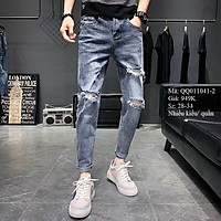 Quần jean nam thiết kế đẹp thời trang King168 , quần jean phong cách rách gối độc đáo X87