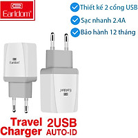 Củ sạc Earldom ES-195, 2 cổng USB, sạc nhanh 2.4A, dùng cho Iphone, Samsung, Oppo, Xiaomi - hàng chính hãng