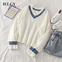 Áo Len Dài Tay IELGY Áo Len Nữ Đi Lại Mùa Thu Dáng Rộng Cổ Chữ V Màu Trắng Phù Hợp Với Mọi Loại