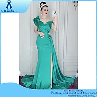 QUẢNG CHÂU Đầm maxi body dạ hội dự tiệc xếp dáng búp vai xẻ đùi san trọng THE BLUE DRESS - size S/M ( ả